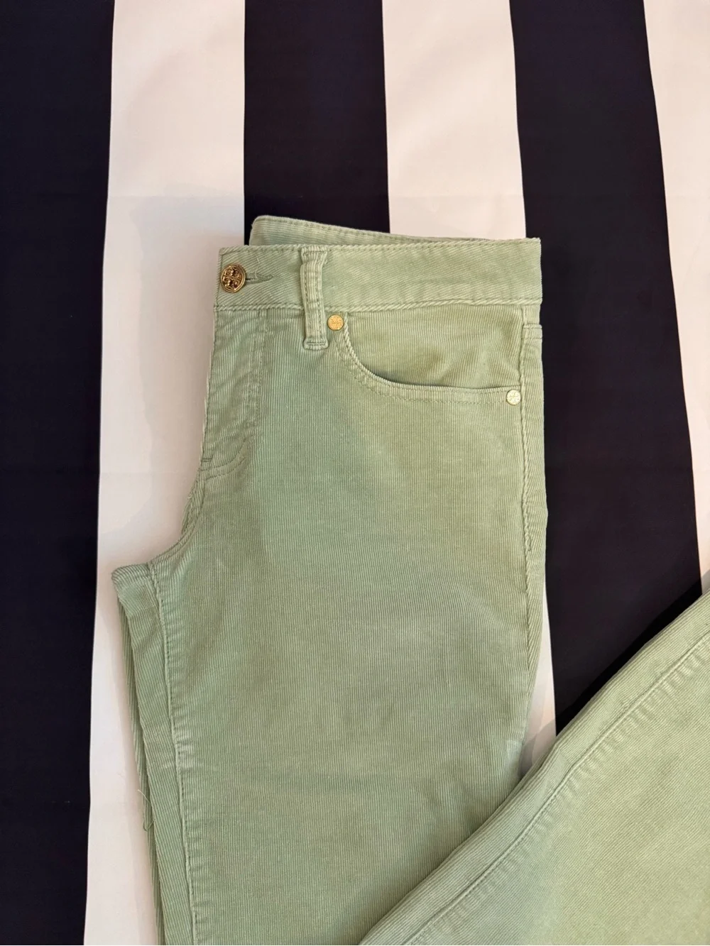 Tory Burch Women's Skinny  Corduroy Jeans in Sage Green with Gold Accents